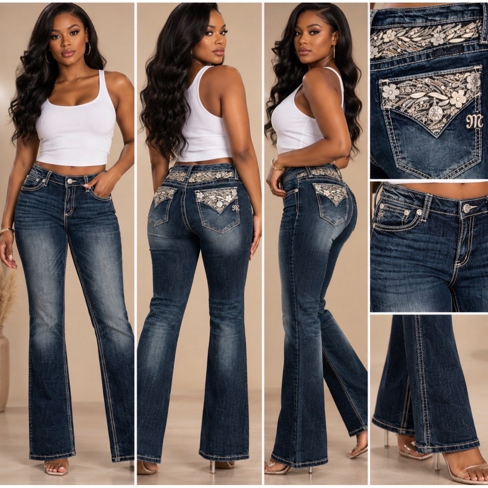 Miss Me Bootcut Flare Dark Wash Bling Rhinestone Embroidered Jeans Women's 29